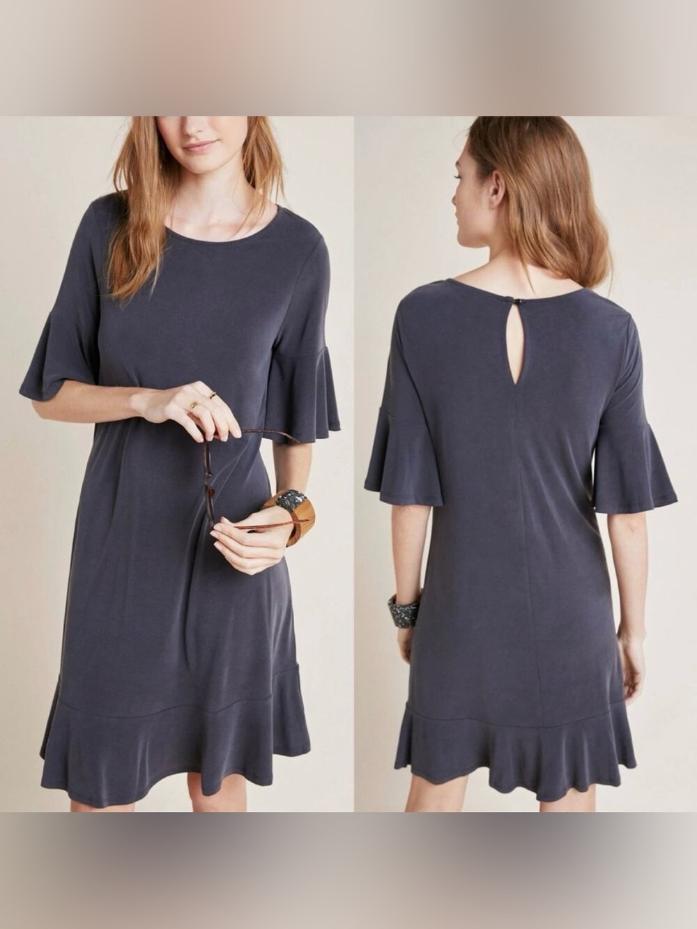Lou & Grey Anthropologie Black Shift Dress Womens XS T-Shirt Flounce Ruffle Hem